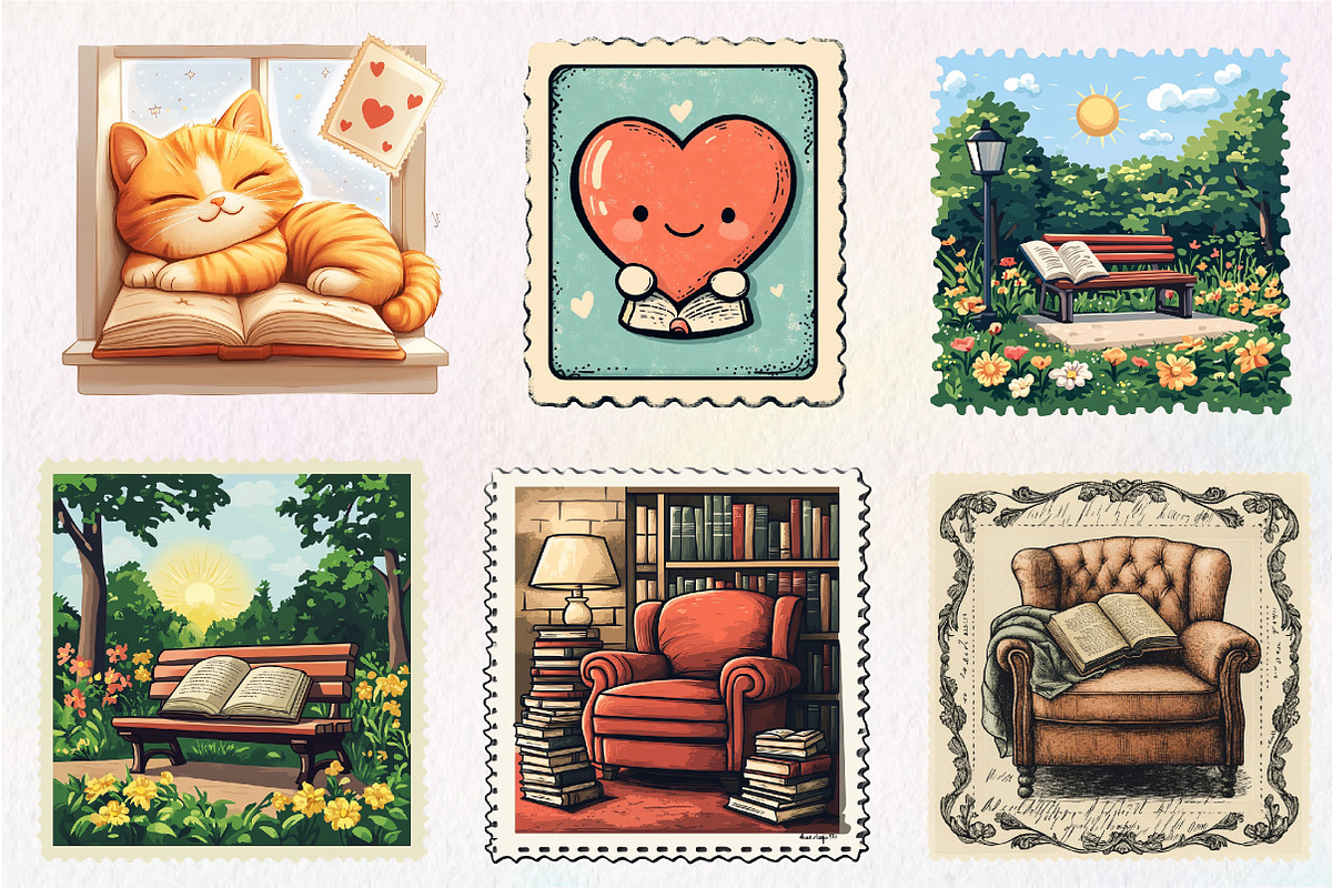 Reading Books Postage Stamp Clipat, an Illustration by CreationArt (Photo 4 of 9)