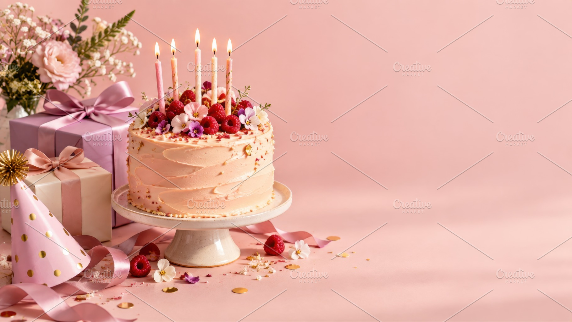 Birthday cake with candles and gifts, a Photo by Beautiful things