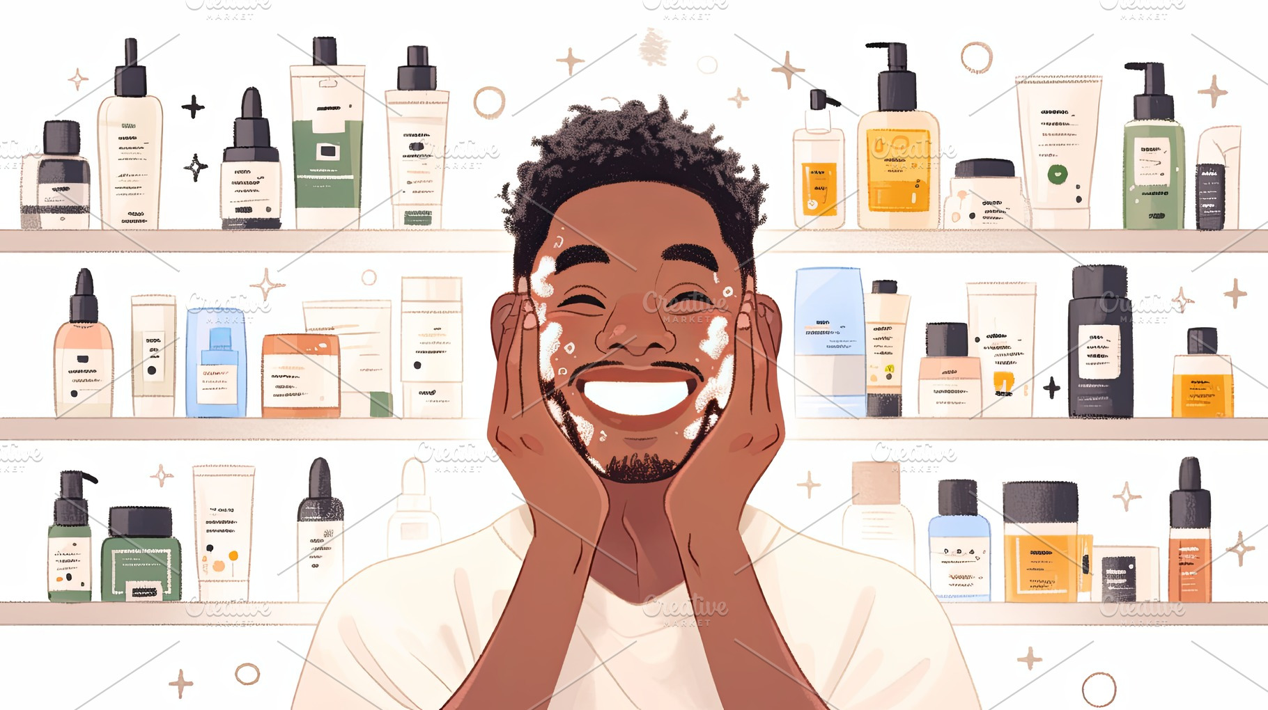 Smiling man uses skincare products surrounded by beauty items on shelf, a Photo by AS photostudio