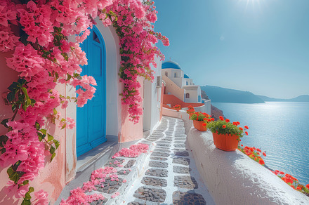 Sunny Morning View of Colorful Santorini with Blue Doors and Pink Flowers, a Photo by AS photostudio