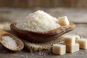 Raw brown cane sugar crystals and sugar cubes presented in a woo, a Photo by Studio ANNA