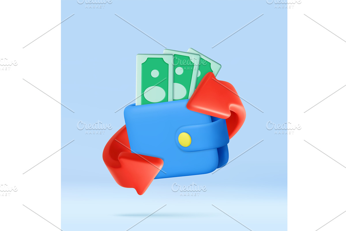 3D Wallet with Cash and Sync red, a Finance Illustration by ModVector