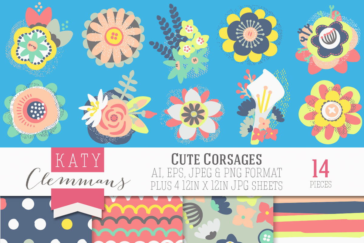 Cute Corsages clip art with papers, an Illustration by Katy Clemmans (Photo 1 of 4)