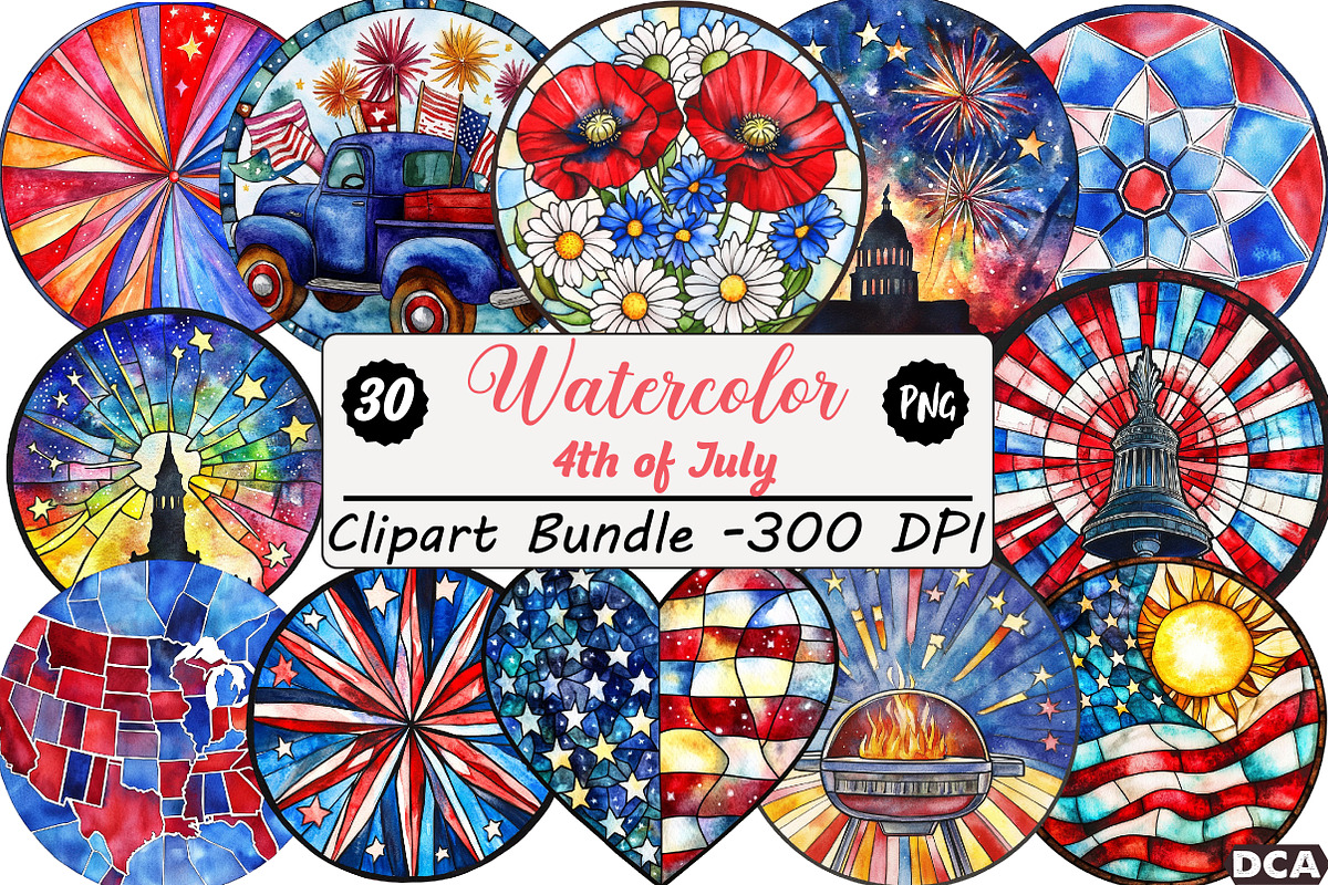 Stained Glass 4th of July Clipart, an Illustration by DreamCafeArt (Photo 1 of 9)