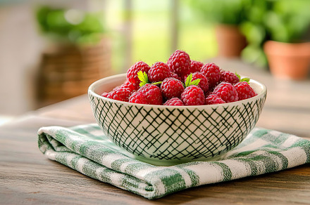 Freshly picked ripe red raspberries in a ceramic bowl on a kitchen counter with, a Food & Drink Photo by AlyaAnd