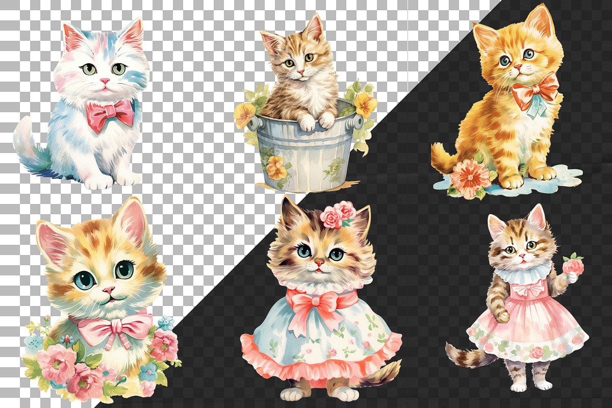 Watercolor Retro Floral Cats Clipart, an Illustration by NiiiNArt (Photo 5 of 6)