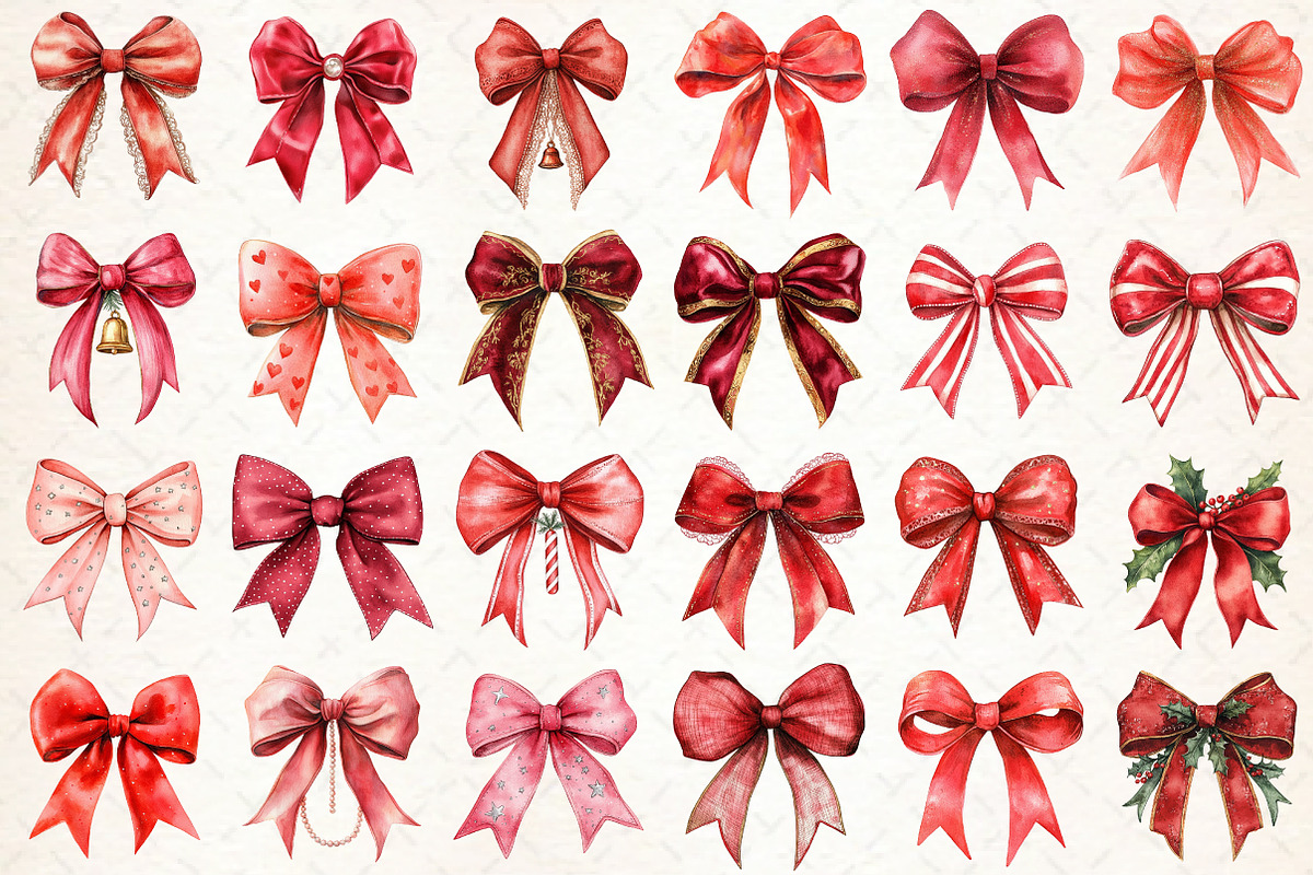 Red Coquette Christmas Bow Clipart, an Illustration by Libby Wishes (Photo 3 of 7)