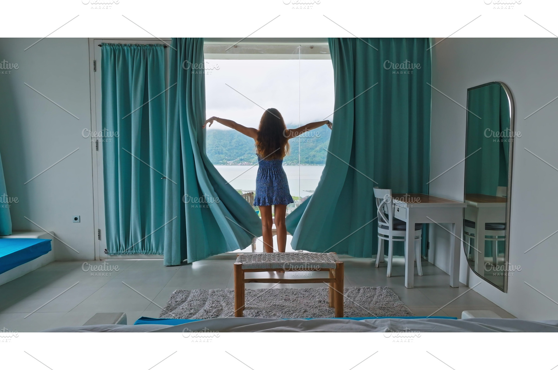 Woman opening curtains seeing view, a Person Photo by Goinyk