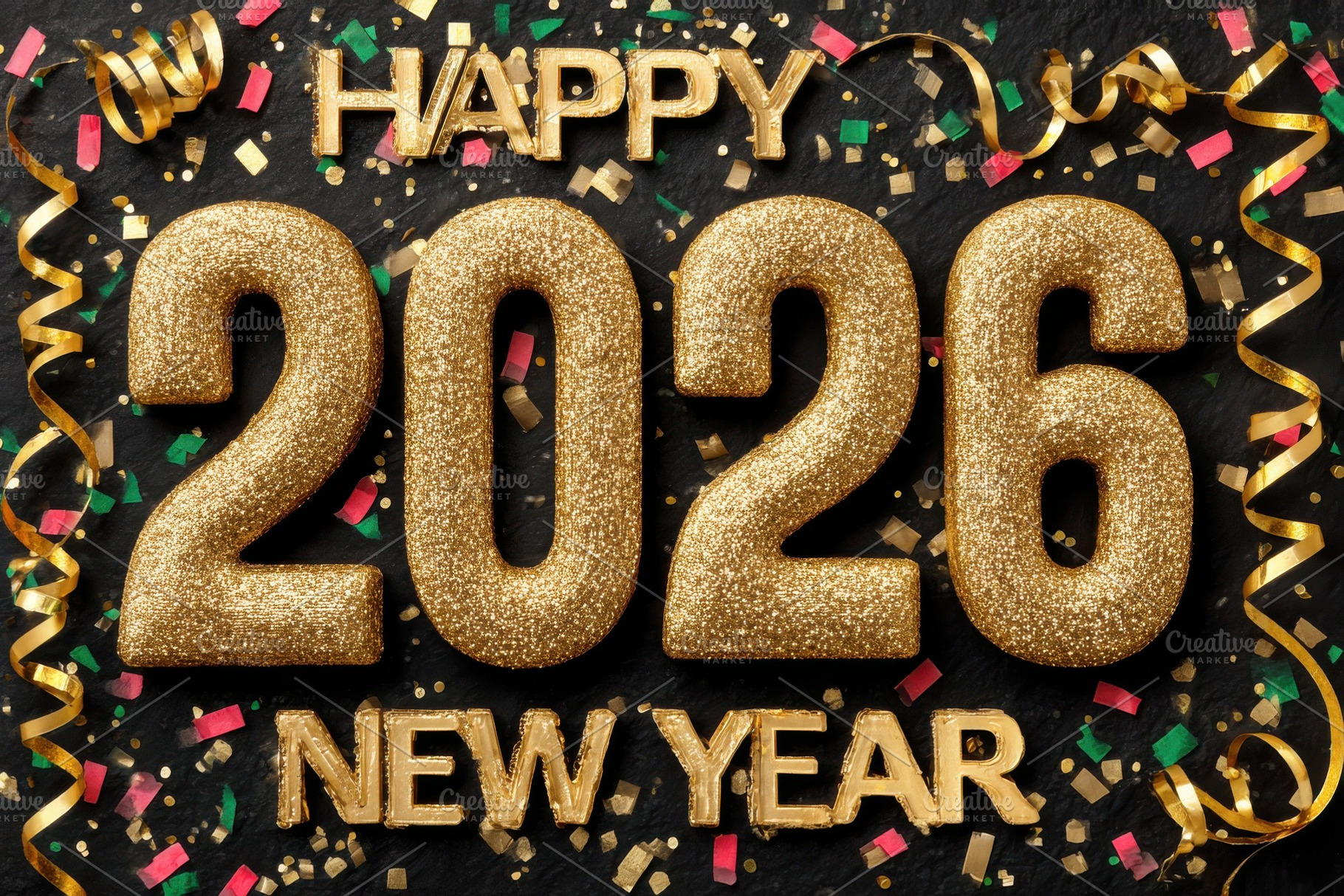 Happy New Year 2026 Gold Glitter Cel, an Abstract Photo by Pixeness Studio