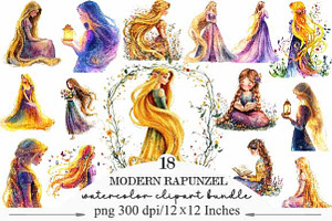 Watercolor Modern Rapunzel Clipart, an Illustration by Designking