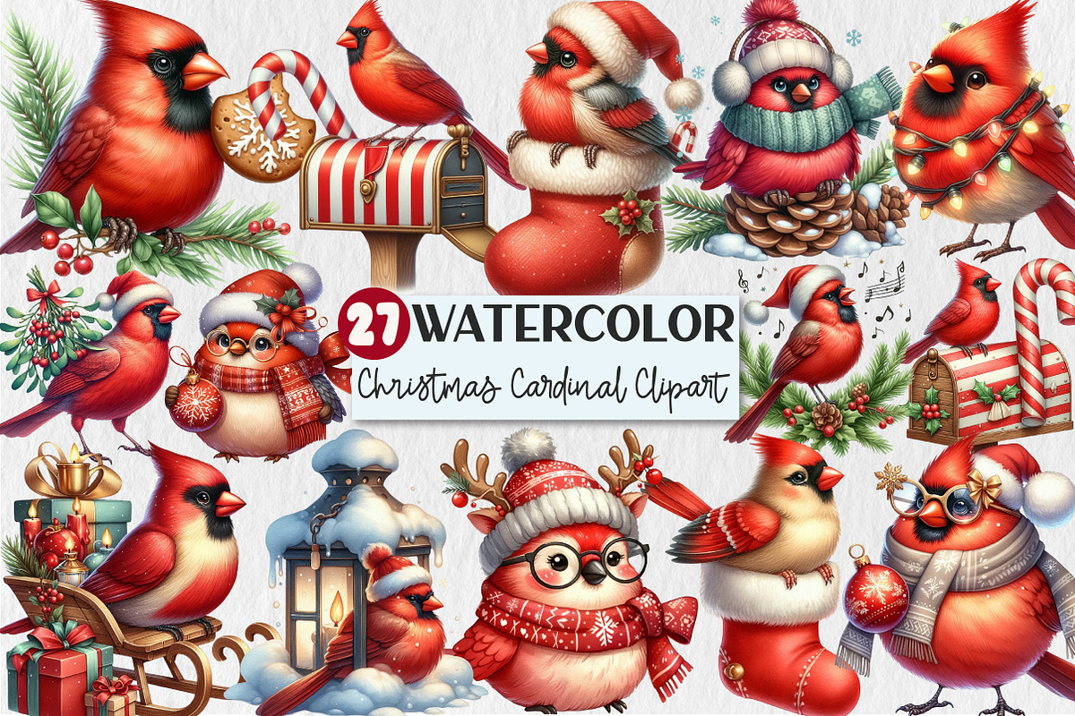 Christmas Cardinal Clipart Bundle, an Illustration by Rose Art (Photo 1 of 5)