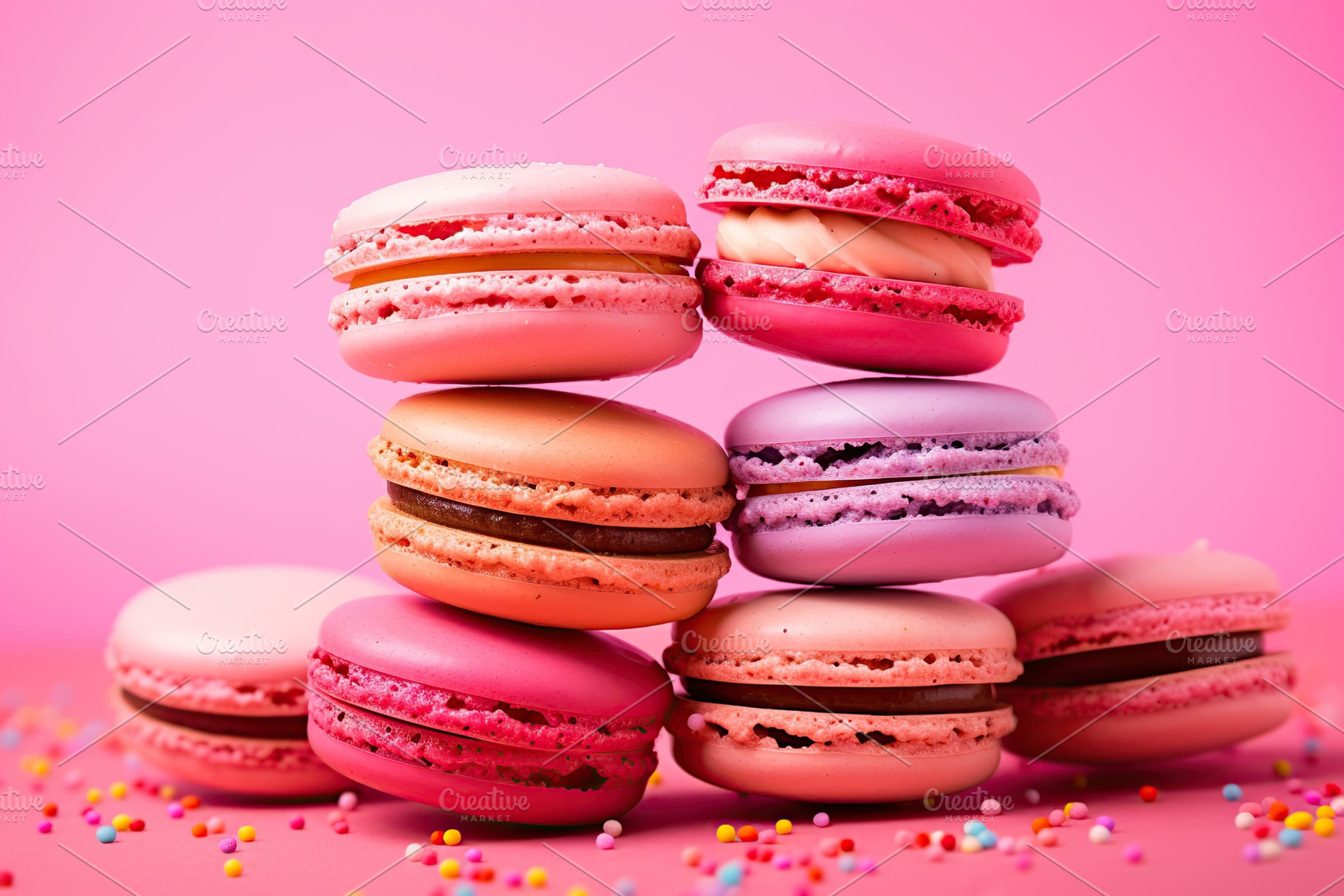 Colorful macarons dessert on pink background, a Food & Drink Photo by AlyaAnd