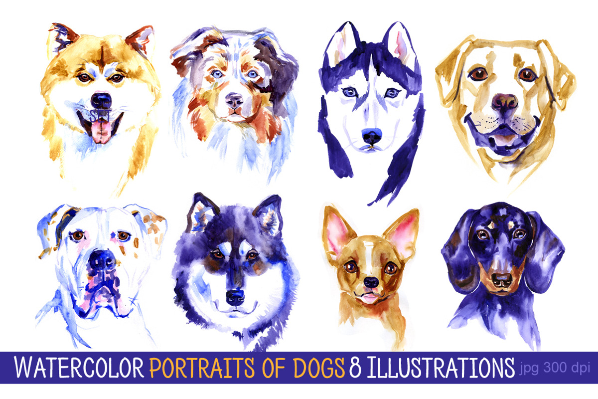 Watercolor dogs set, an Illustration by NataliMiasStore