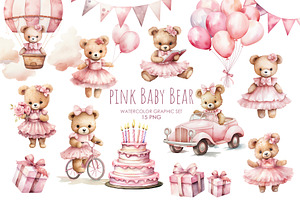 Watercolor Pink Baby Bear Clipart