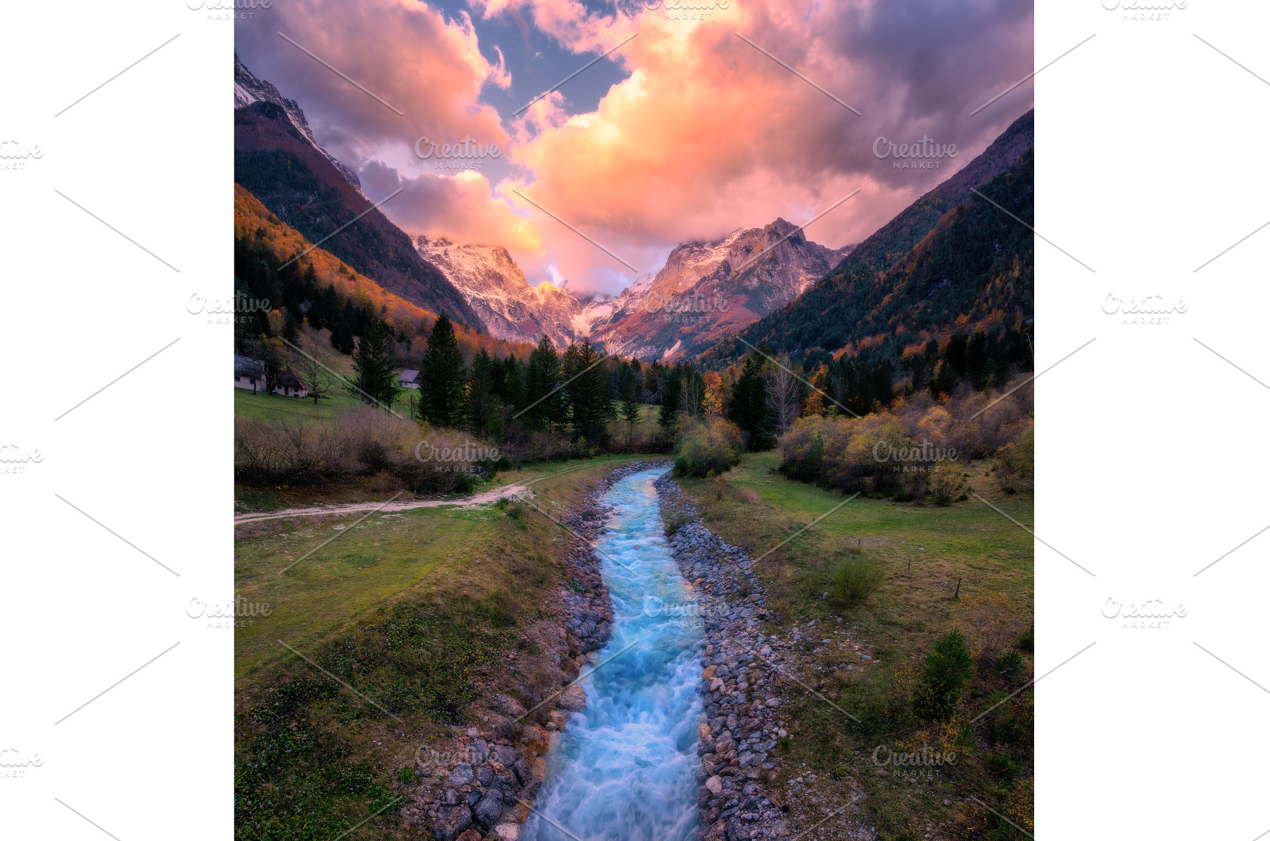 Stream in mountain valley with, a Nature Photo by den-belitsky