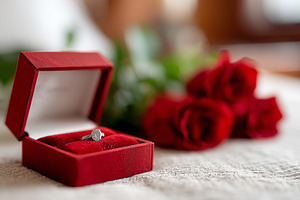Diamond engagement ring in a red, a Holiday Photo by MistyDay
