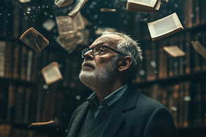 An elderly psycholinguist man with glasses stands in a library, gazing upwards, a Person Photo by Textures & Backgrounds