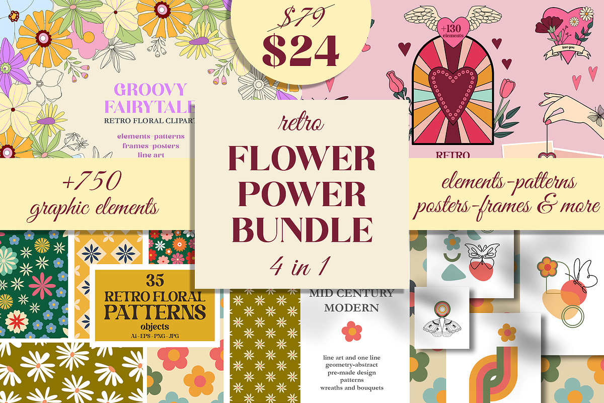 Retro Flower Power Bundle, an Object Graphic by Sofico (Photo 1 of 23)