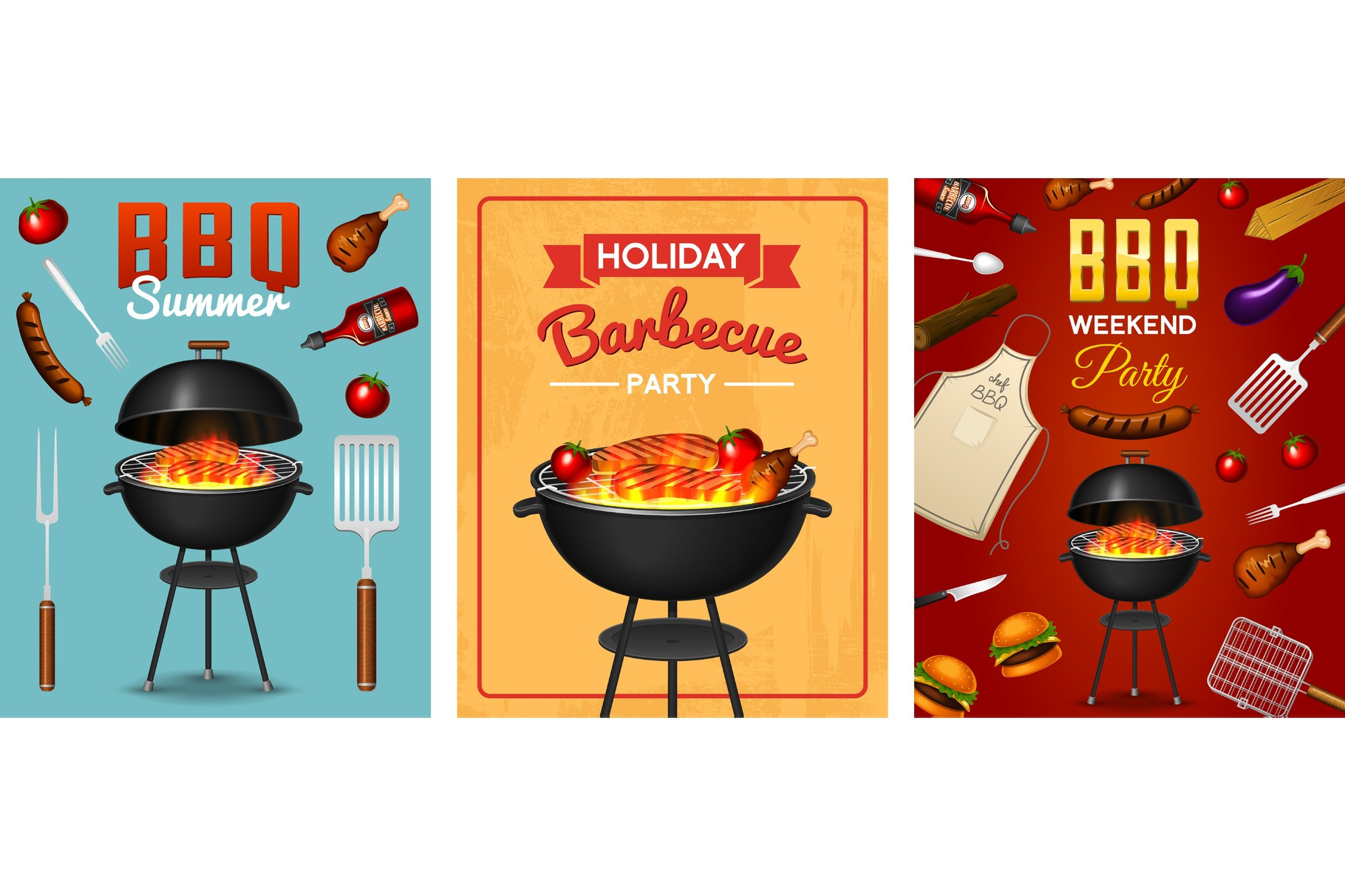 Barbecue grill elements set isolated on red background. BBQ party ...