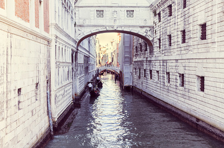 two gondolas float on a narrow canal, an Architecture Photo by Eni_fly