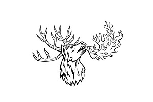 Red Deer Stag Breathing Fire Retro, an Illustration by patrimonio