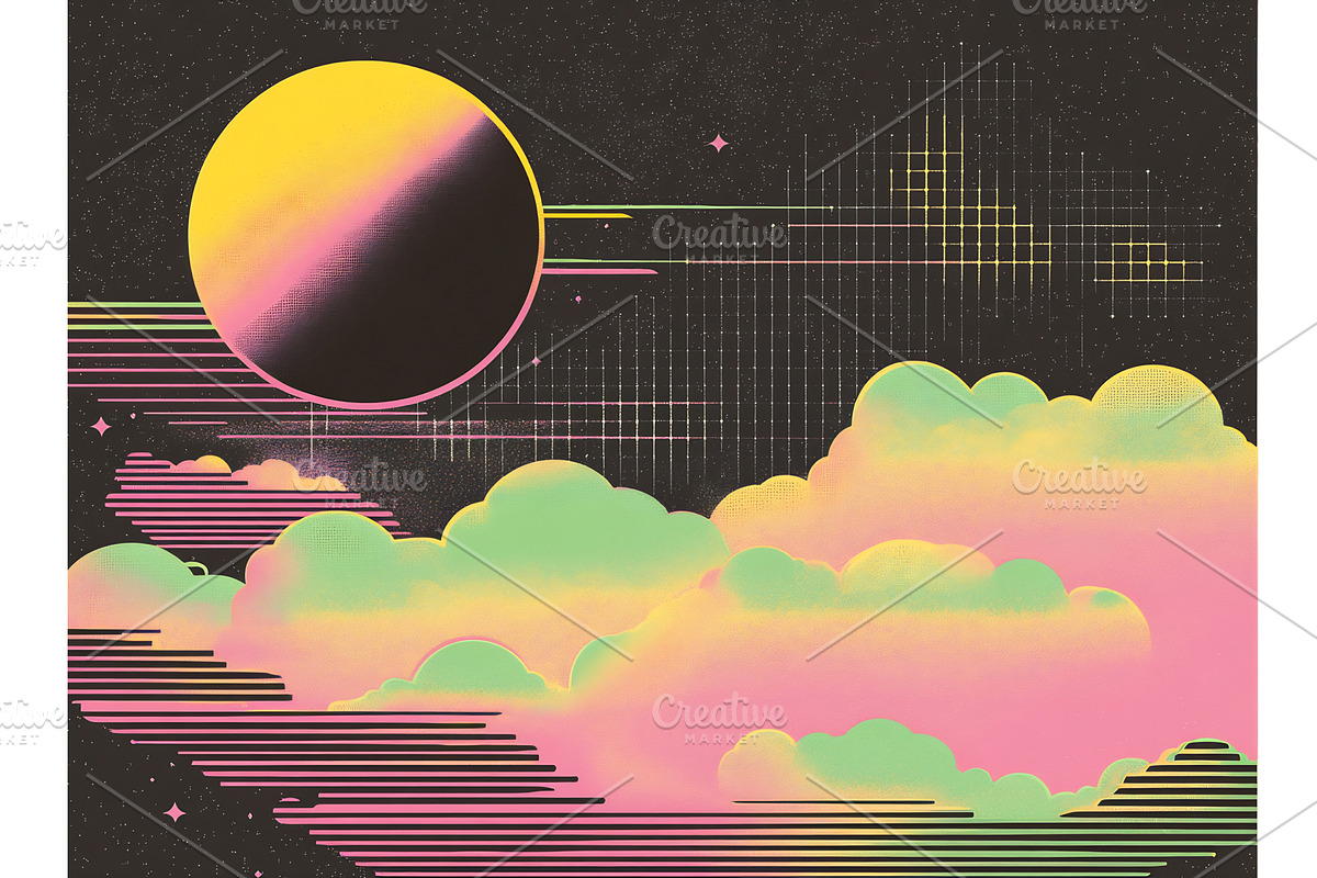 Retro sunset with clouds & moon, an Illustration by Beautiful things