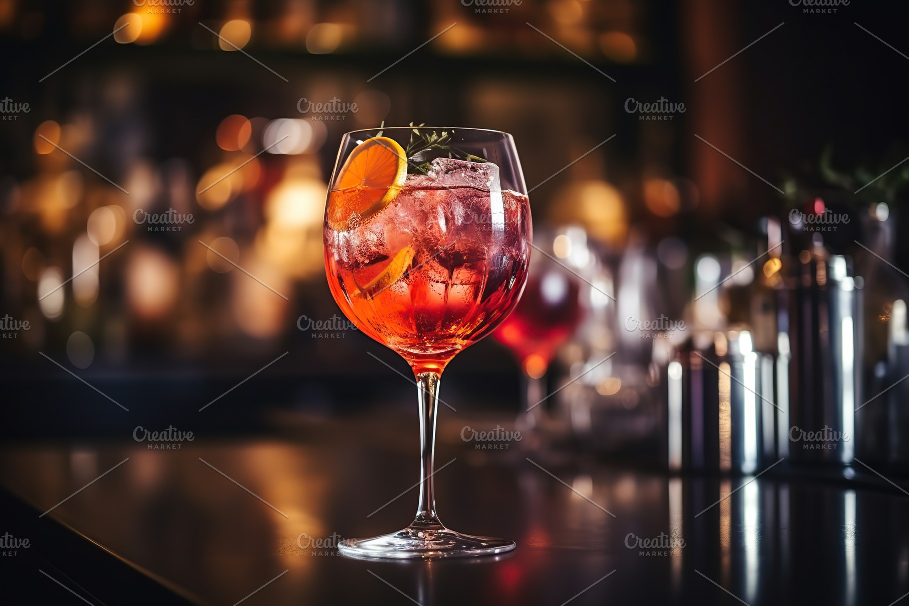 Alcohol cocktail in wineglass on bar table, a Food & Drink Photo by AlyaAnd