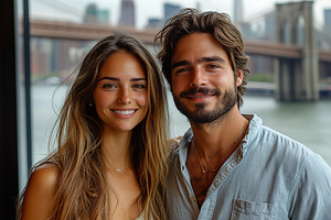 American couple enjoys a sunny day near steel bridges with a scenic view of the, a Person Photo by AlyaAnd