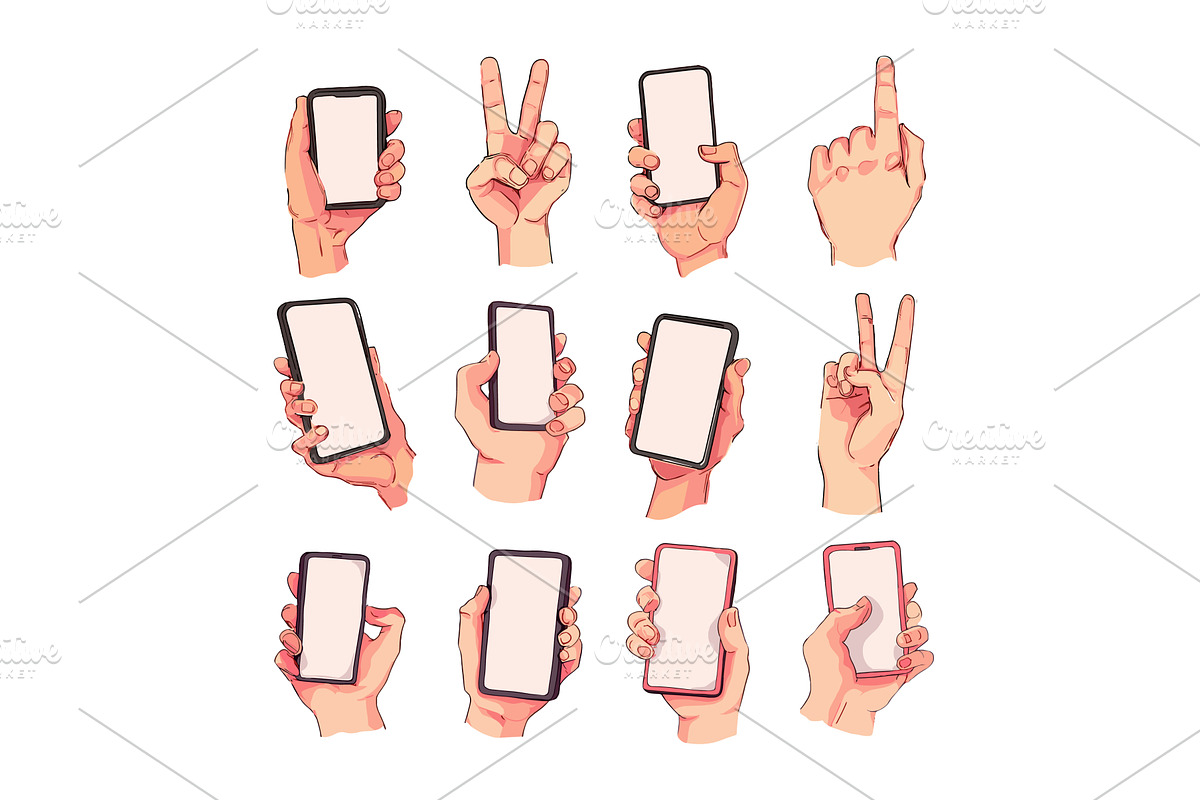 Human hands holding mobile phones, a Technology Illustration by Onyx