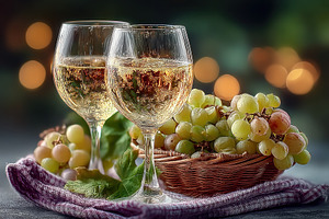 Two glasses of white wine with fresh grapes in wicker basket on, a Holiday Photo by José Manuel Gelpi