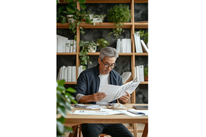 Asian man with gray hair reads, a Business Photo by Sergey Kotenev