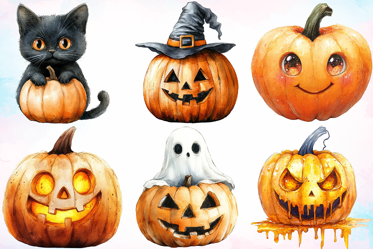 Watercolor Halloween Pumpkin Clipart, a Seasonal Illustration by Canvas Craft (Photo 4 of 8)