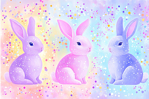 Colorful trio of bunnies against a, an Illustration by Lermont51