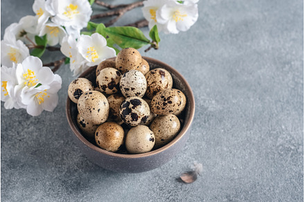 Close-up quail eggs in a bowl and a