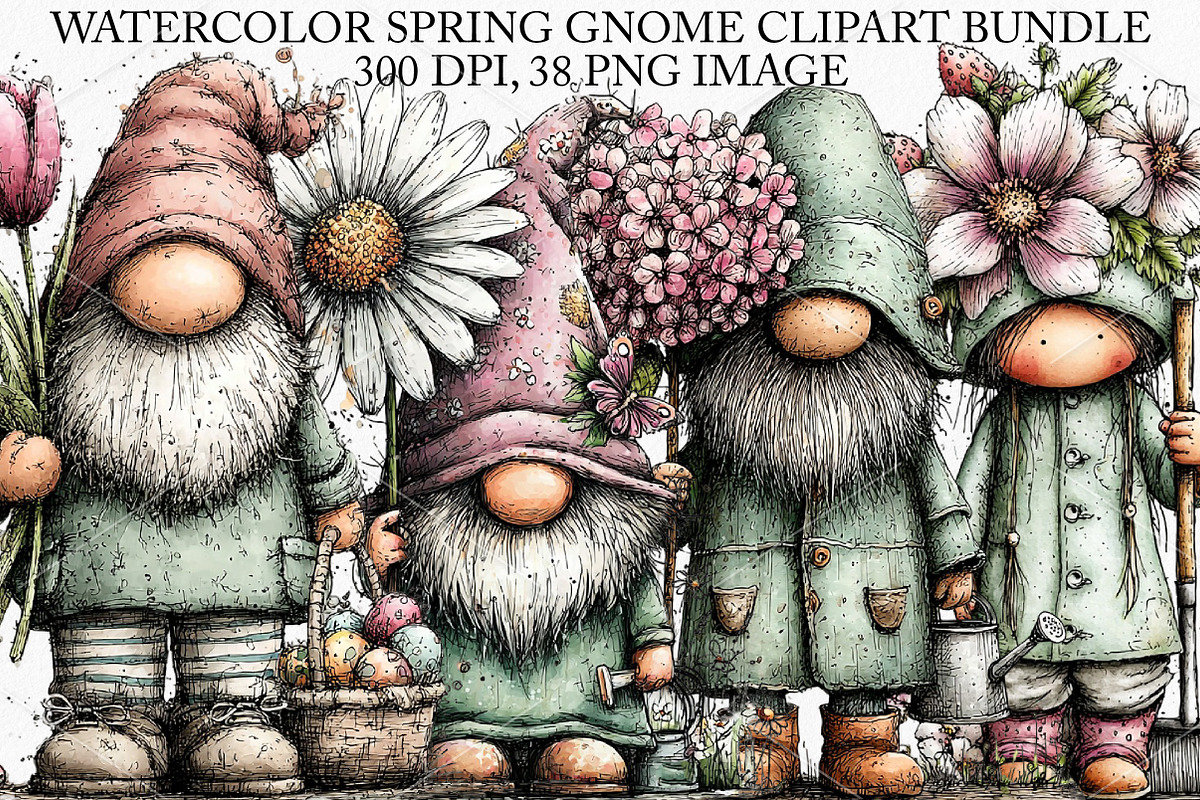 Watercolor Spring Gnome Clipart PNG, an Illustration by Canvas Craft (Photo 1 of 7)