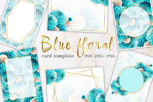 Card Template Watercolor Blue Fowers