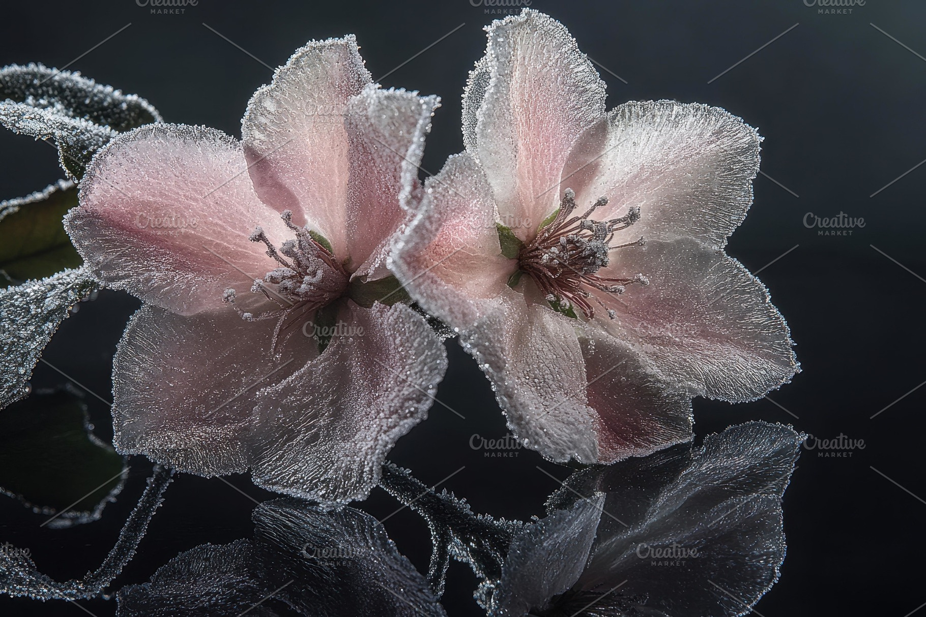Beautifully frozen pink flowers with, a Photo by Tanuart
