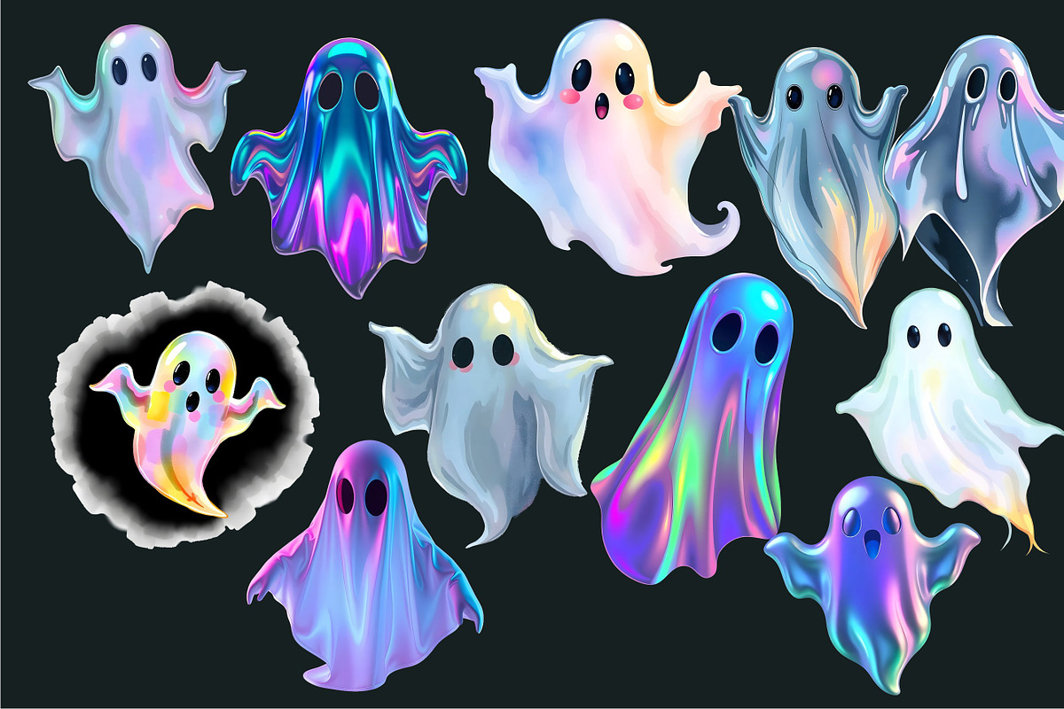 50 Holographic Ghosts Halloween PNG, an Object Graphic by UniqueMe (Photo 3 of 4)
