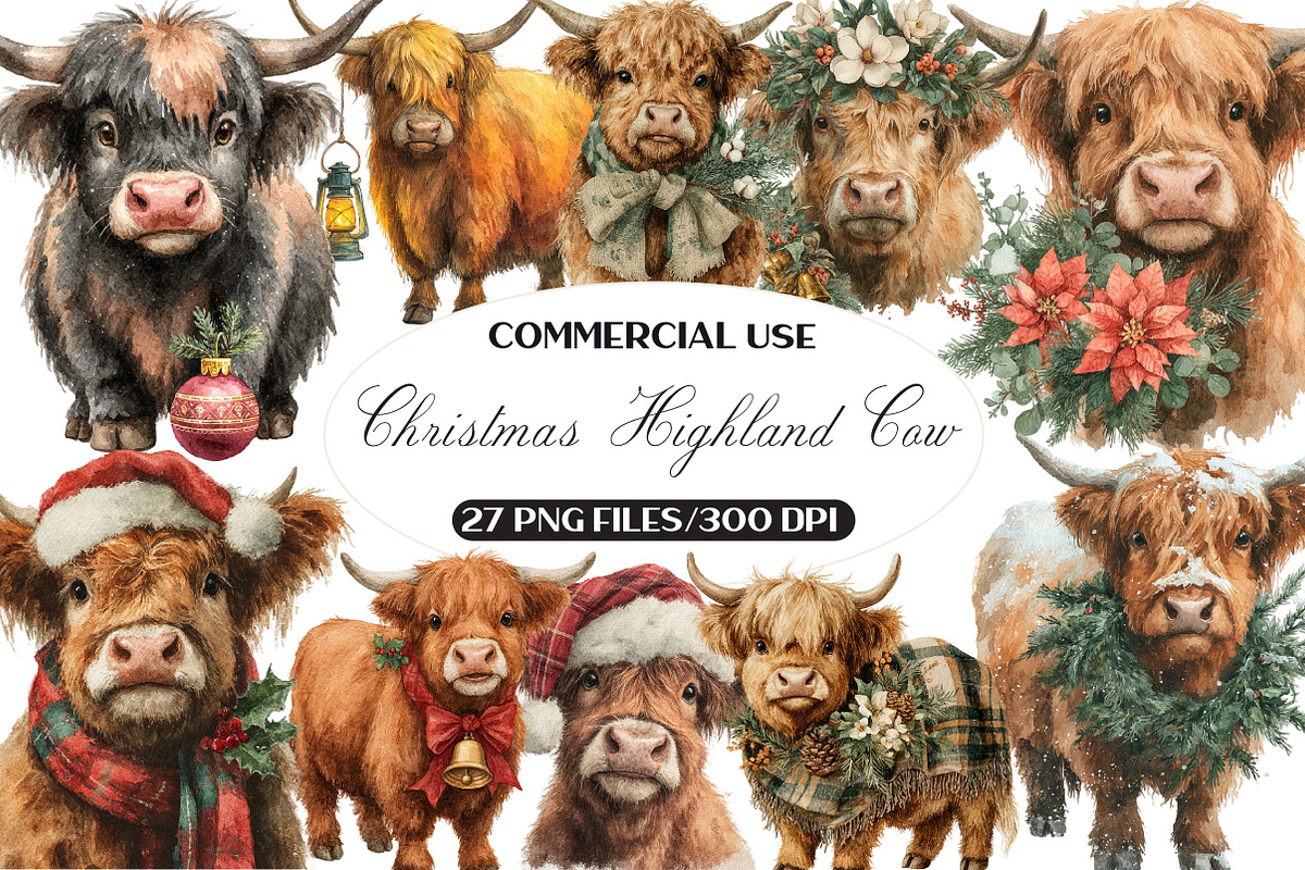 Watercolor Christmas Highland Cow, a Seasonal Illustration by Black Bird Studio (Photo 1 of 7)