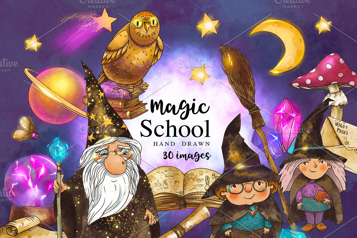 Magic school. Wizard witch clipart, an Education Illustration by Belusuab (Photo 1 of 9)