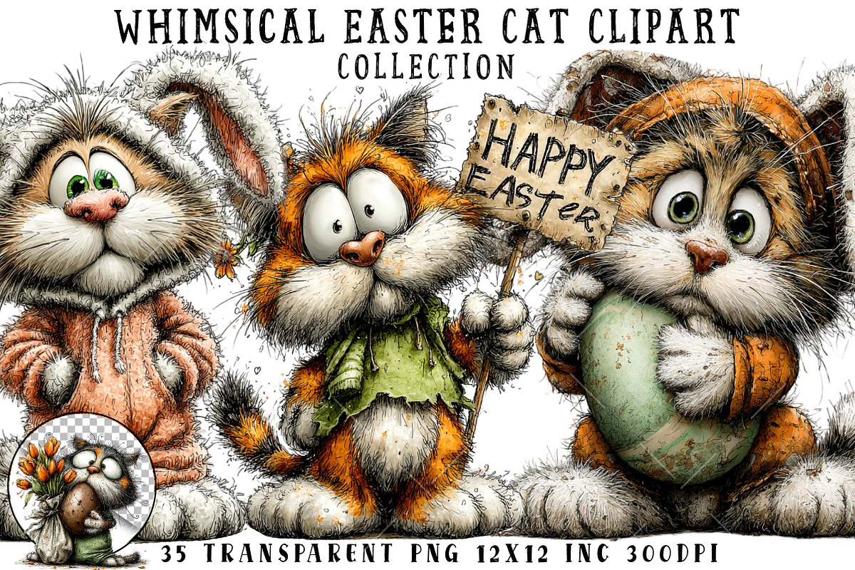 Whimsical Easter Cat Clipart, an Illustration by OK Design (Photo 1 of 6)