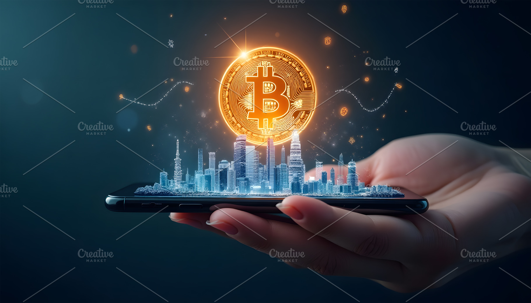 Bitcoin City on Mobile Phone Held in, a Business Photo by Stock Shape