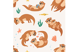 Otters seamless pattern. Funny water