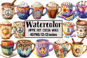 Hippie Hot Cocoa Mugs, an Illustration by Design Market