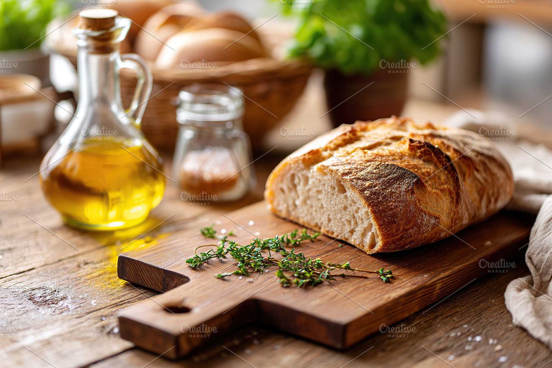 Freshly sliced bread on wooden cutting board with herbs and oil in a rustic kit, a Food & Drink Photo by AlyaAnd
