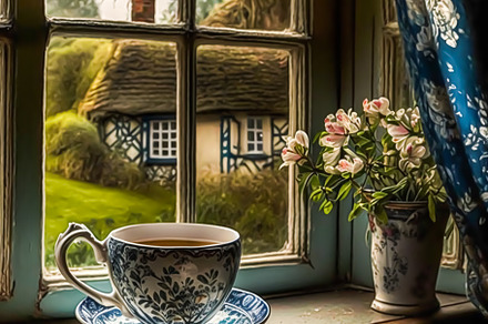 Sunny morning in the English countryside, cup of tea by the wind, a Food & Drink Photo by Anneleven