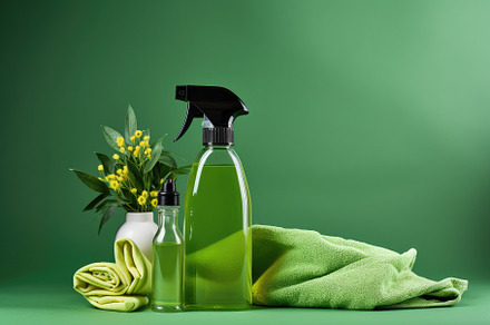 Cleaning products with green towel a, a Photo by Iftikhar Alam