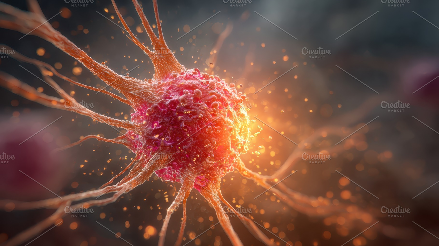 Cancer cell microscopic view vibrant, a Photo by Pixeness Studio