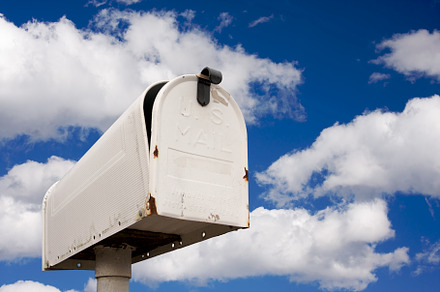 Weathered old mailbox against sky stock photo containing clouds and sky, a Business Photo by Andy Dean Photography