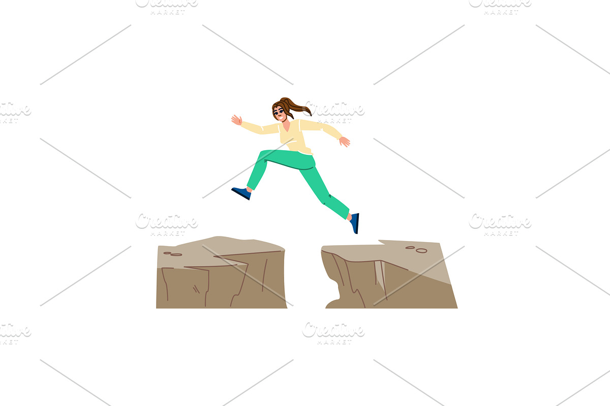 Businesswoman jumping over cliff gap, a Finance Illustration by pikepicture